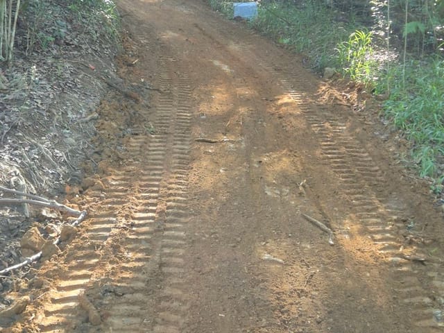 Freshly cut dirt access track through bushland with machine track marks