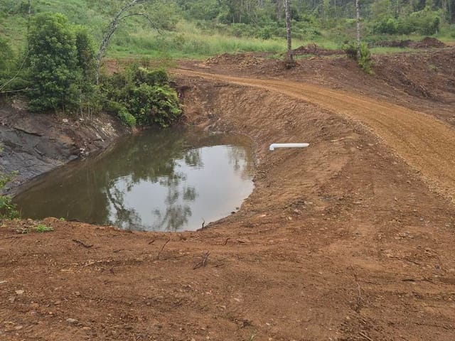 Newly dug farm dam holding water beside a freshly formed dirt track, with forested hills behind